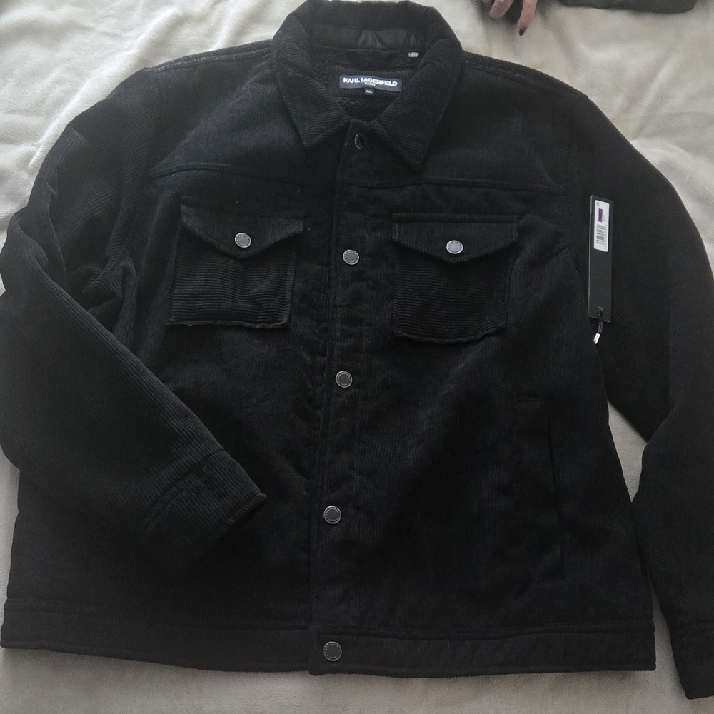 Karl Lagerfeld Men's Black Corduroy Shirt Jacket Sherpa Lining